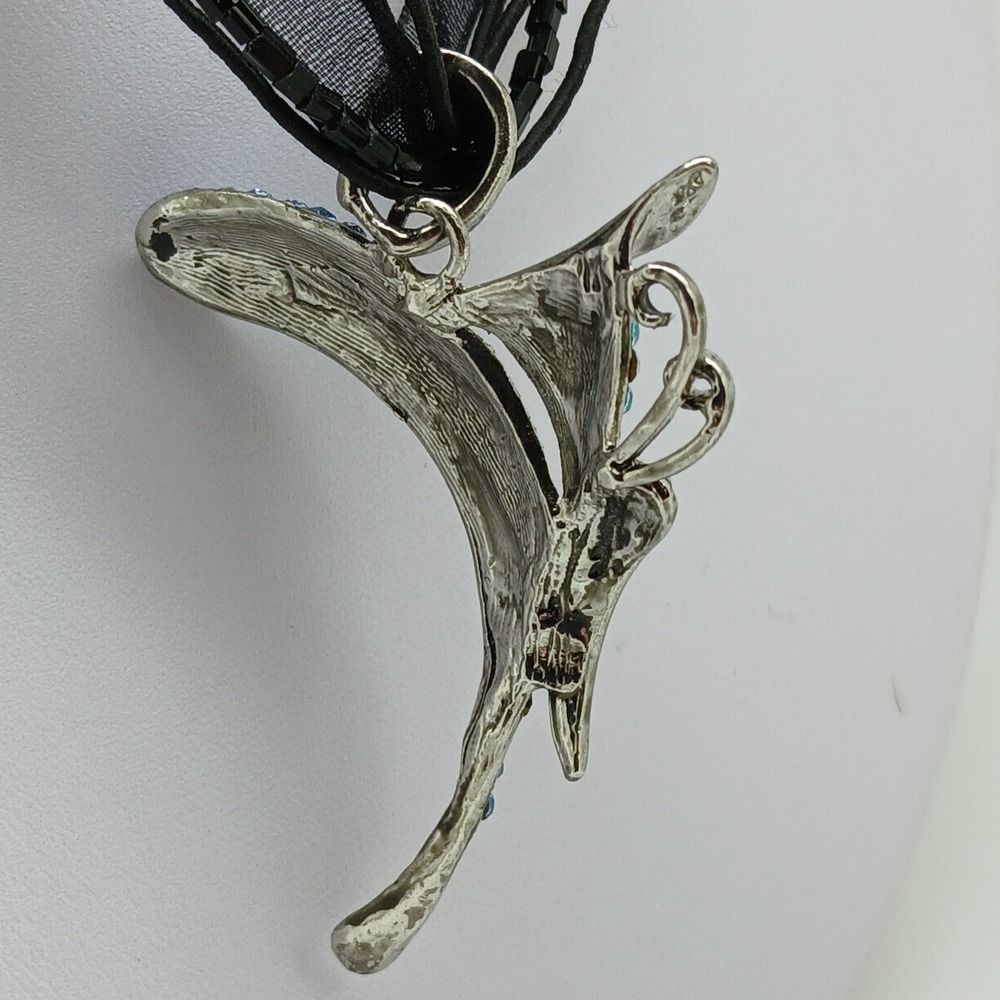 Blue Rhinestone Butterfly Pendant Multi Strand Black Ribbon Necklace Chocker NOS - Picture 7 of 17